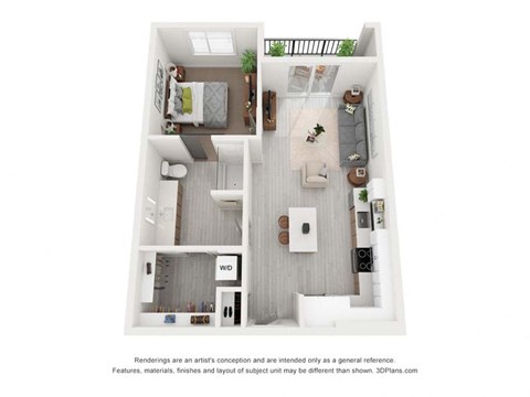Floor plan for 1 bed, 1 bath, 697 sqft